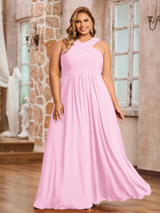 Abito in Chiffon con Spalline Incrociate e Vita Impero Rosa Bonbon