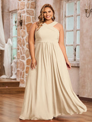 Abito in Chiffon con Spalline Incrociate e Vita Impero Champagne