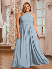Abito in Chiffon con Spalline Incrociate e Vita Impero Azzurro Polvere