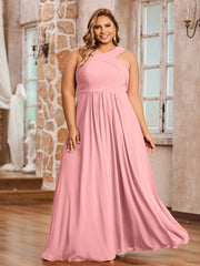 Abito in Chiffon con Spalline Incrociate e Vita Impero Fenicottero