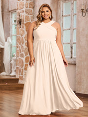 Abito in Chiffon con Spalline Incrociate e Vita Impero Pesca