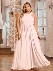 Abito in Chiffon con Spalline Incrociate e Vita Impero Rosa Perlato