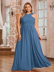 Abito in Chiffon con Spalline Incrociate e Vita Impero Blu Ardesia