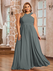 Abito in Chiffon con Spalline Incrociate e Vita Impero Grigio Acciaio