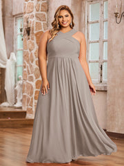 Abito in Chiffon con Spalline Incrociate e Vita Impero Tortora
