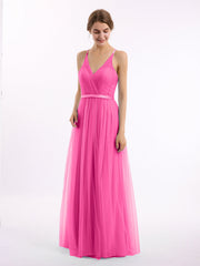 Abito Lungo in Tulle Scollo a V con Fascia in Raso Azalea