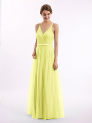 Abito Lungo in Tulle Scollo a V con Fascia in Raso Narciso