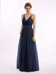 Abito Lungo in Tulle Scollo a V con Fascia in Raso Blu Scuro