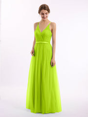 Abito Lungo in Tulle Scollo a V con Fascia in Raso Verde Lime