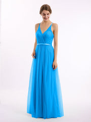 Abito Lungo in Tulle Scollo a V con Fascia in Raso Blu Oceano