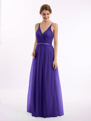 Abito Lungo in Tulle Scollo a V con Fascia in Raso Regency
