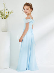 Abiti Damigella Junior In Chiffon Linea A Con Spalle Scoperte Blu Cielo