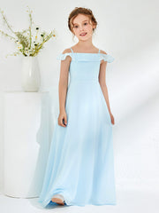 Abiti Damigella Junior In Chiffon Linea A Con Spalle Scoperte Blu Cielo