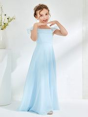 Abiti Damigella Junior In Chiffon Linea A Con Spalle Scoperte Blu Cielo