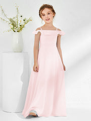 Abiti Damigella Junior In Chiffon Linea A Con Spalle Scoperte Rosa Cipria