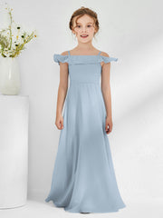 Abiti Damigella Junior In Chiffon Linea A Con Spalle Scoperte Azzurro Polvere