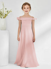 Abiti Damigella Junior In Chiffon Linea A Con Spalle Scoperte Rosa Polvere