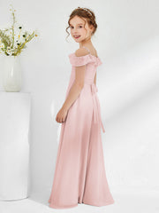 Abiti Damigella Junior In Chiffon Linea A Con Spalle Scoperte Rosa Polvere