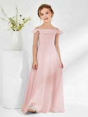 Abiti Damigella Junior In Chiffon Linea A Con Spalle Scoperte Rosa Polvere