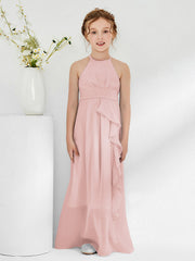 Abiti Damigella Junior Con Collo Halter E Cinta Rosa Polvere
