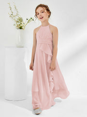 Abiti Damigella Junior Con Collo Halter E Cinta Rosa Polvere