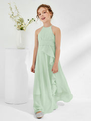 Abiti Damigella Junior Con Collo Halter E Cinta Salvia Polvere