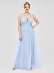 Abito in Tulle Lunghezza Pavimento con Schiena Convertibile Blu Cielo