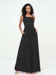 Abito Maxi in Chiffon Scollo Quadrato con Tasche Nero