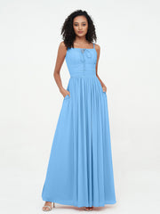 Abito Maxi in Chiffon Scollo Quadrato con Tasche Blu