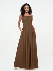 Abito Maxi in Chiffon Scollo Quadrato con Tasche Marrone
