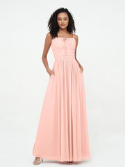Abito Maxi in Chiffon Scollo Quadrato con Tasche Corallo