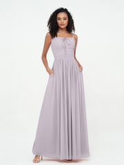 Abito Maxi in Chiffon Scollo Quadrato con Tasche Crepuscolo