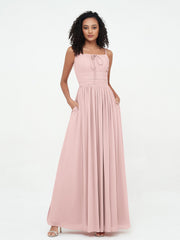 Abito Maxi in Chiffon Scollo Quadrato con Tasche Rosa Polvere