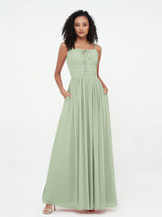 Abito Maxi in Chiffon Scollo Quadrato con Tasche Salvia Polvere