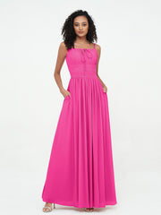 Abito Maxi in Chiffon Scollo Quadrato con Tasche Fucsia