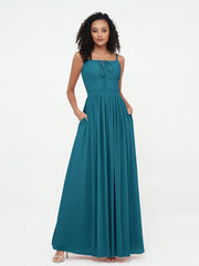 Abito Maxi in Chiffon Scollo Quadrato con Tasche Blu Inchiostro