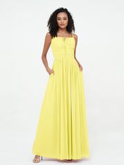 Abito Maxi in Chiffon Scollo Quadrato con Tasche Limone