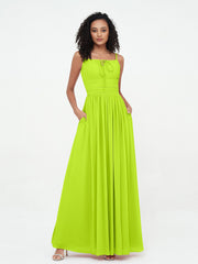 Abito Maxi in Chiffon Scollo Quadrato con Tasche Verde Lime