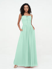 Abito Maxi in Chiffon Scollo Quadrato con Tasche Verde Menta
