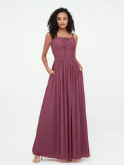 Abito Maxi in Chiffon Scollo Quadrato con Tasche Gelso