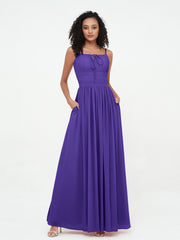 Abito Maxi in Chiffon Scollo Quadrato con Tasche Regency