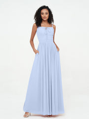 Abito Maxi in Chiffon Scollo Quadrato con Tasche Blu Cielo