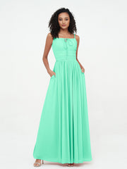 Abito Maxi in Chiffon Scollo Quadrato con Tasche Turchese