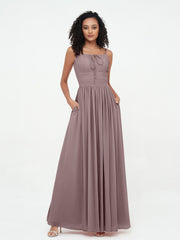 Abito Maxi in Chiffon Scollo Quadrato con Tasche Malva Vintage