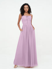 Abito Maxi in Chiffon Scollo Quadrato con Tasche Glicine