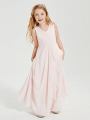Abiti Damigella Stile Boho Lunghi In Chiffon Gonna A Cascata Rosa Cipria