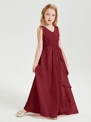 Abiti Damigella Stile Boho Lunghi In Chiffon Gonna A Cascata Borgogna