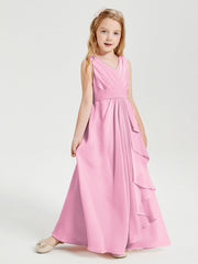 Abiti Damigella Stile Boho Lunghi In Chiffon Gonna A Cascata Rosa Bonbon
