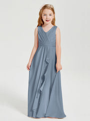 Abiti Damigella Stile Boho Lunghi In Chiffon Gonna A Cascata Azzurro Polvere