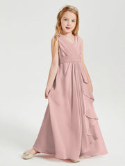 Abiti Damigella Stile Boho Lunghi In Chiffon Gonna A Cascata Rosa Polvere